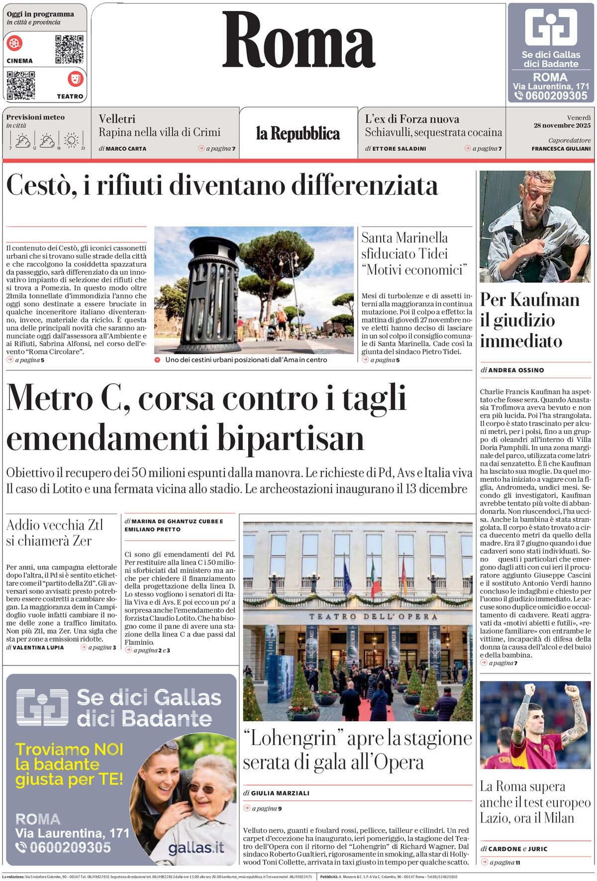 Prima Pagina La Repubblica (Roma) 28/11/2025