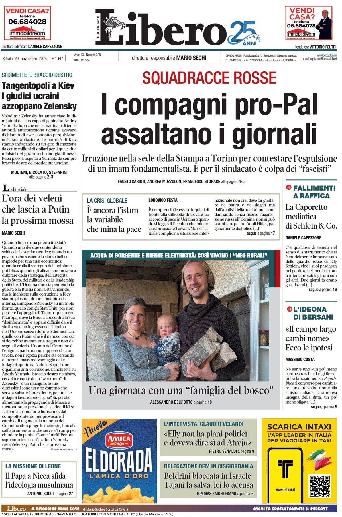 Prima Pagina Libero Quotidiano 29/11/2025