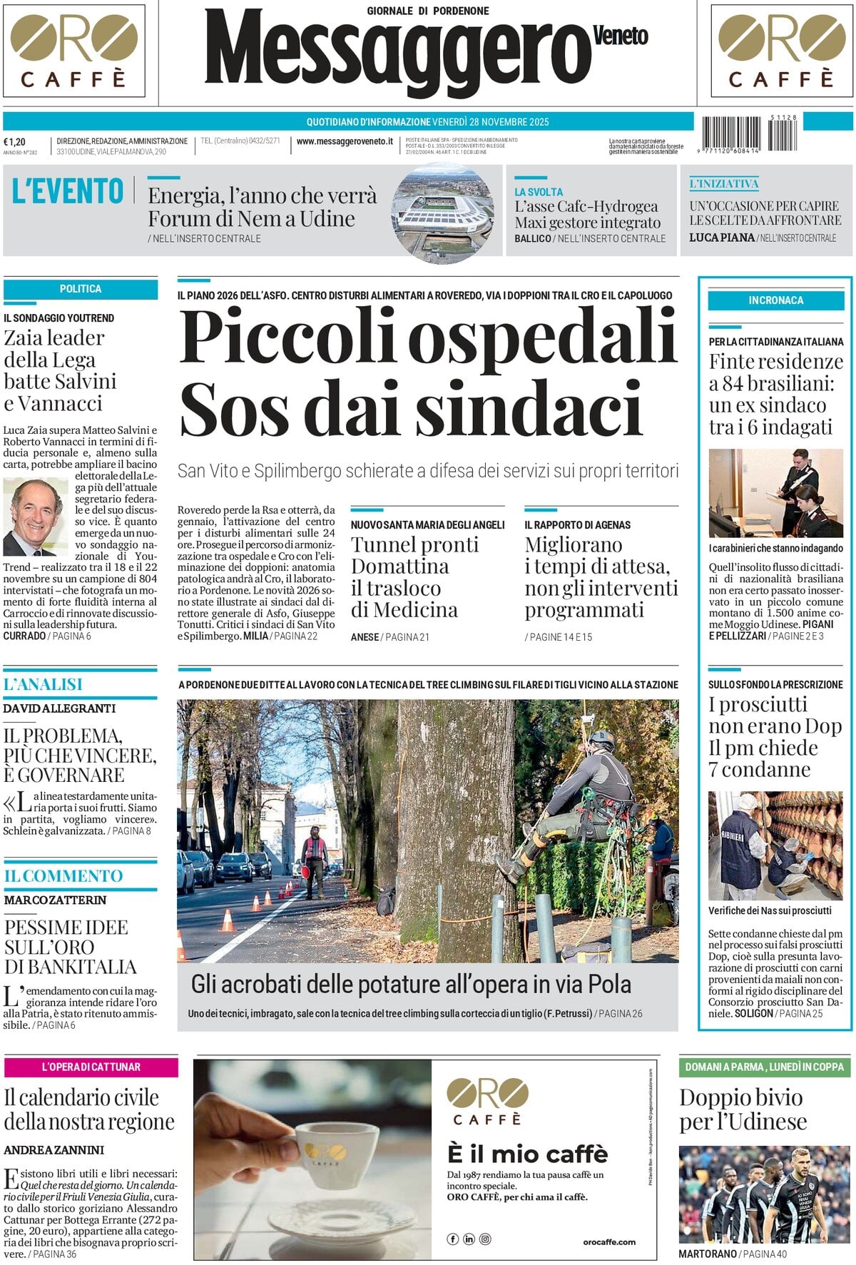 Prima Pagina Messaggero Veneto (Pordenone) 28/11/2025