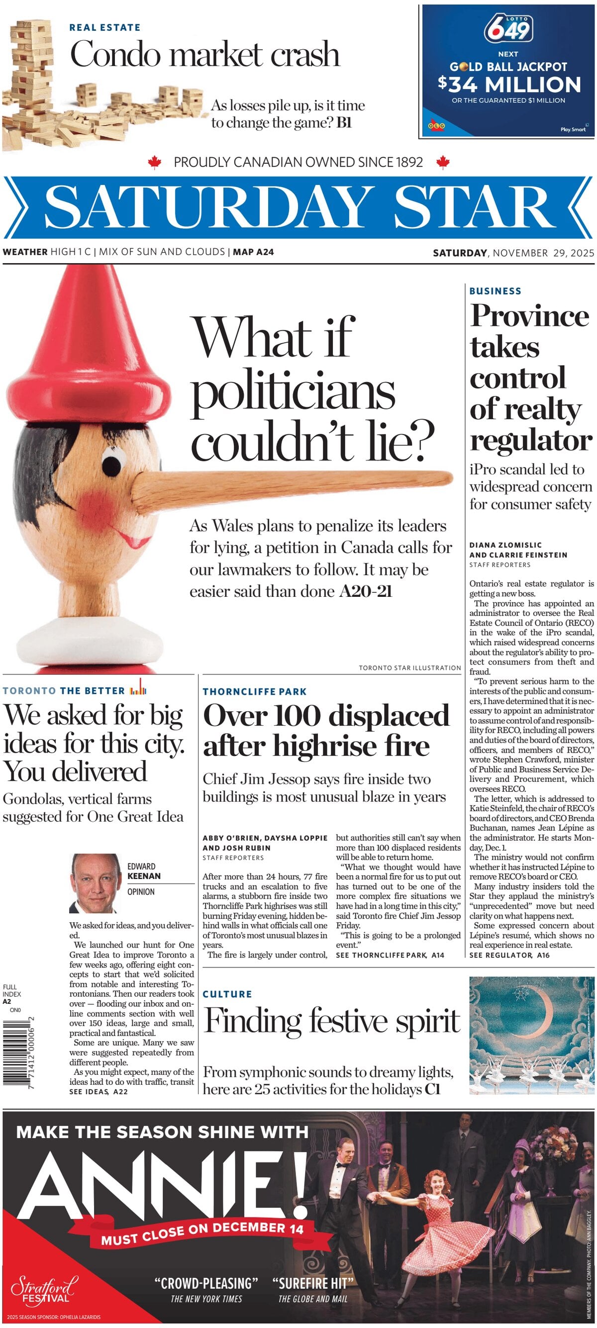 Prima Pagina Toronto Star 29/11/2025