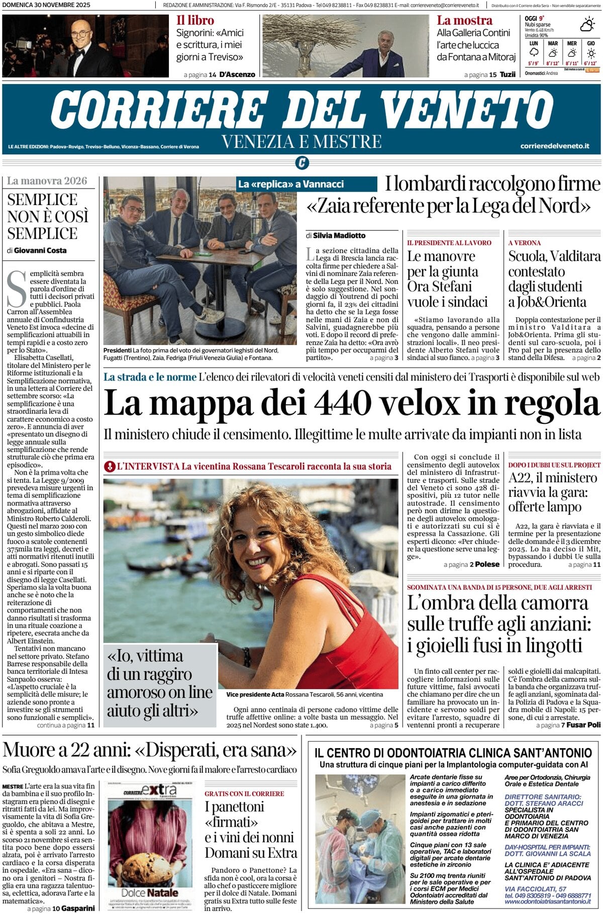 Prima Pagina Corriere del Veneto 30/11/2025
