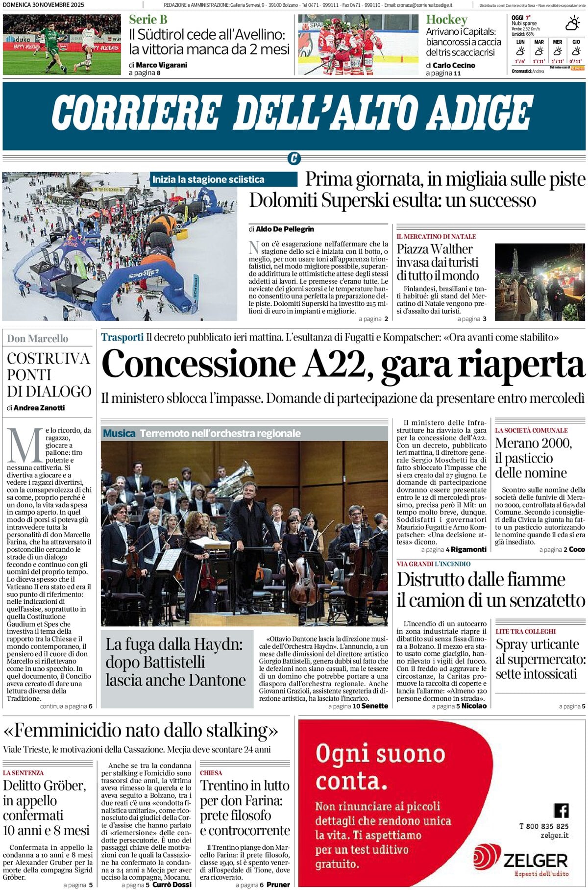 Prima Pagina Corriere dell'Alto Adige 30/11/2025