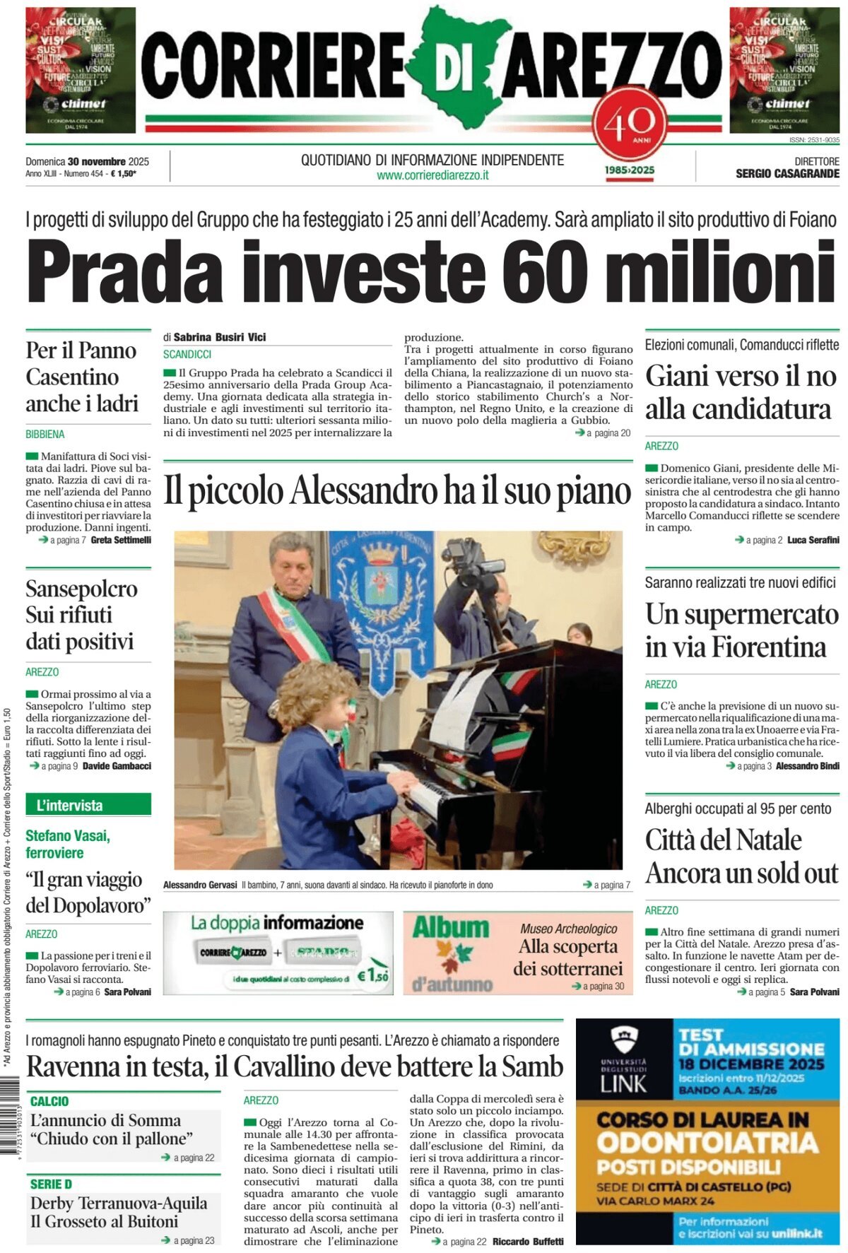 Prima Pagina Corriere di Arezzo 30/11/2025