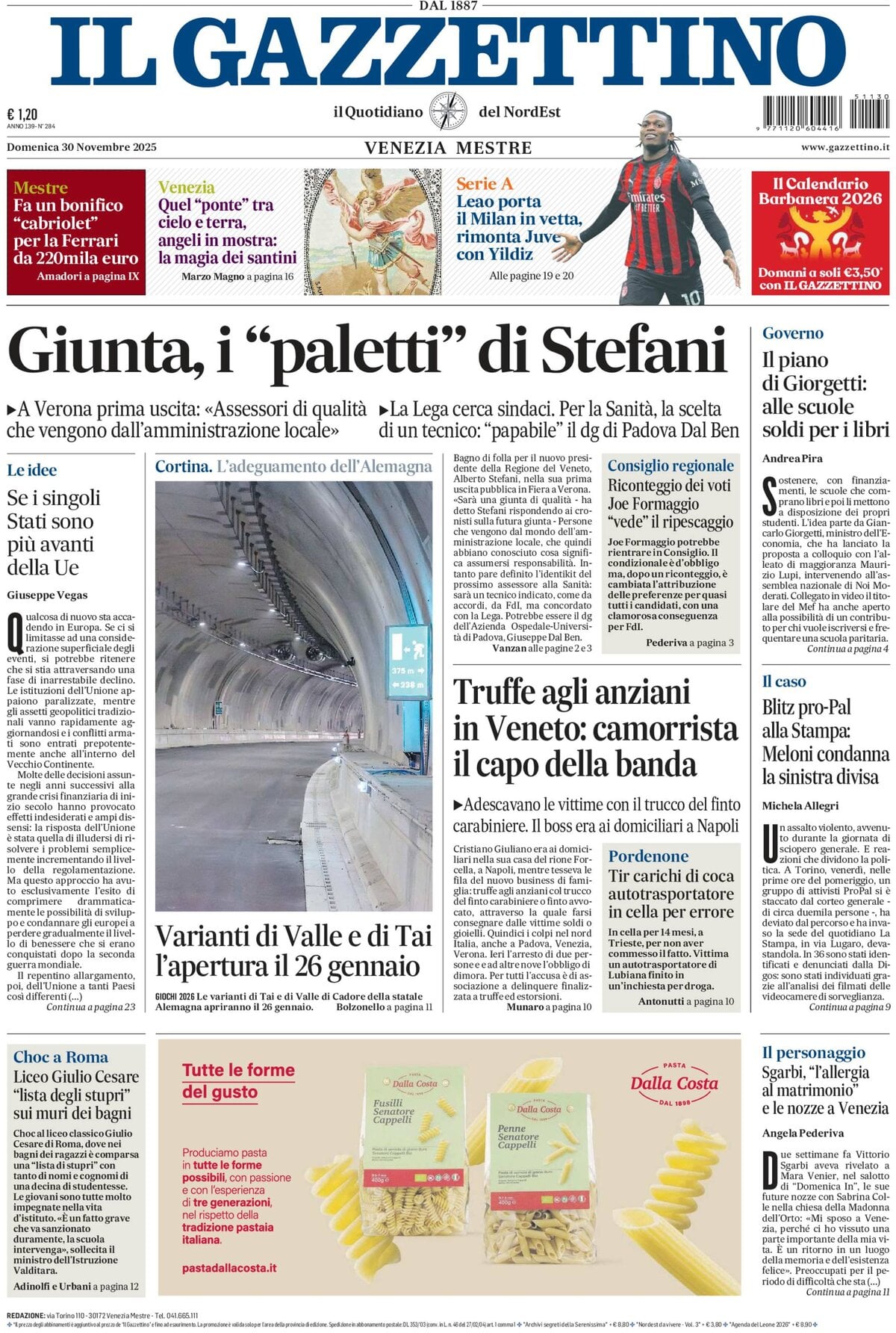 Prima Pagina Il Gazzettino 30/11/2025