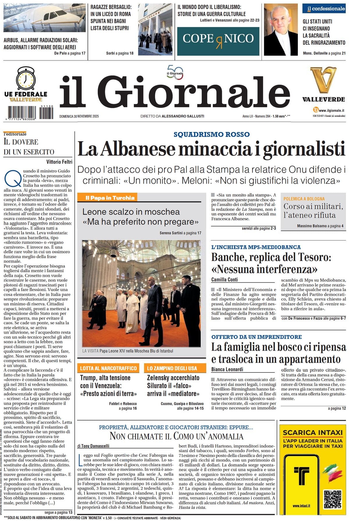 Prima Pagina Il Giornale 30/11/2025