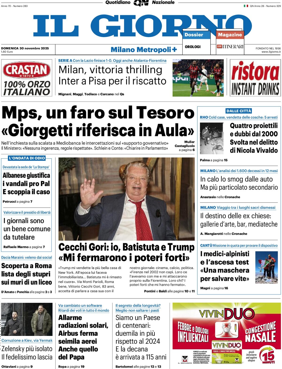Prima Pagina Il Giorno (Milano Metropoli) 30/11/2025
