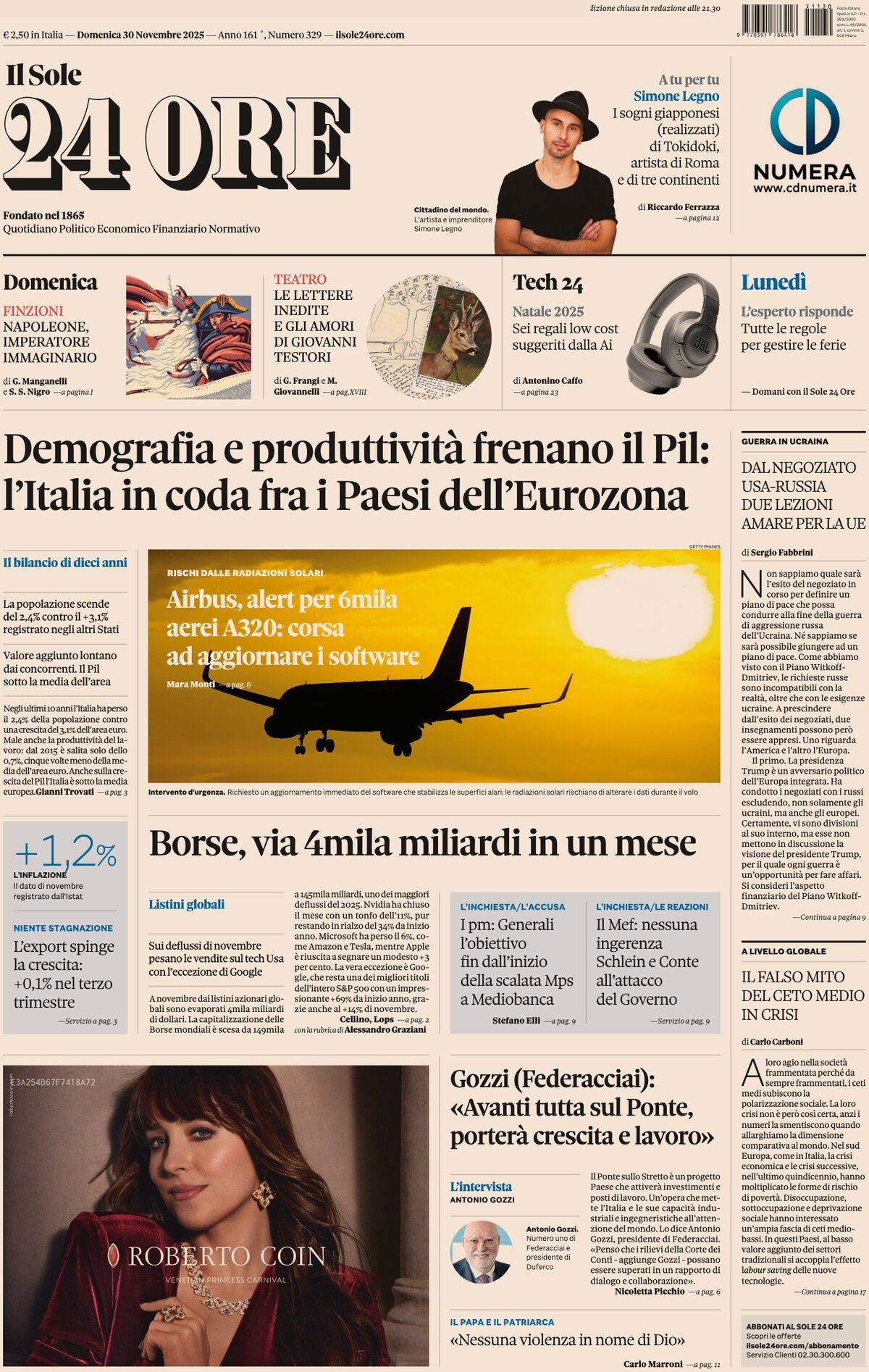 Prima Pagina Il Sole 24 Ore 30/11/2025