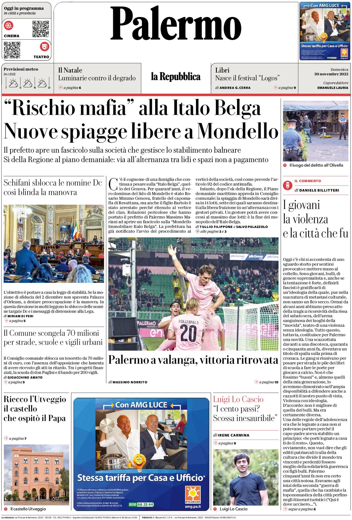 Prima Pagina La Repubblica (Palermo) 30/11/2025
