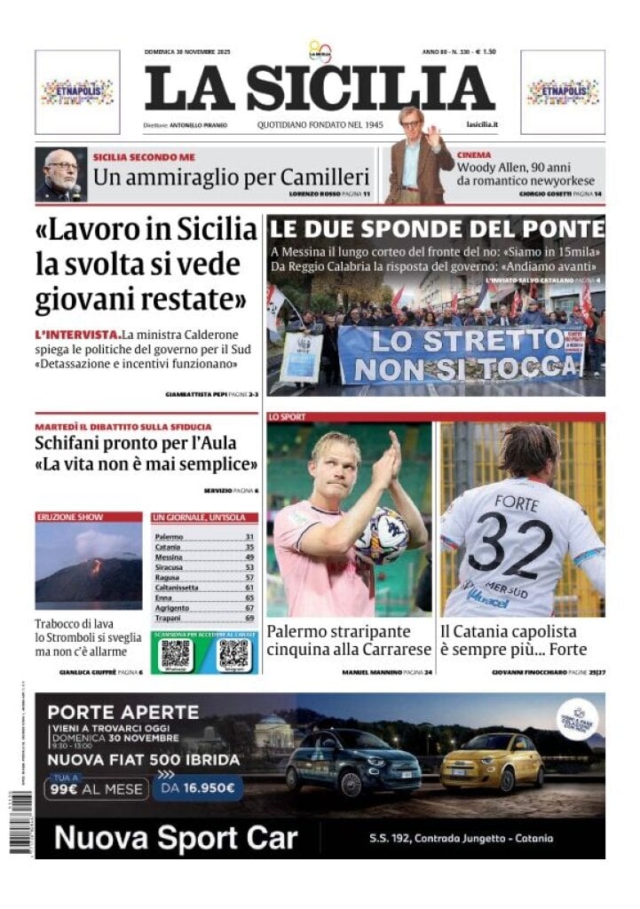 Prima Pagina La Sicilia 30/11/2025