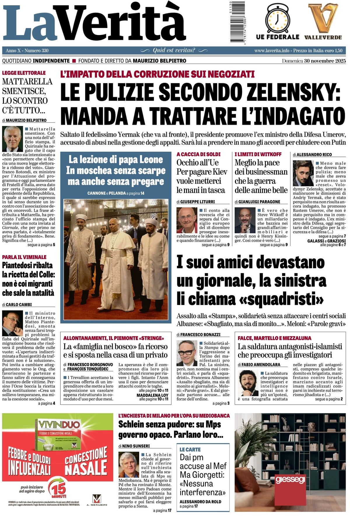 Prima Pagina La Verità 30/11/2025