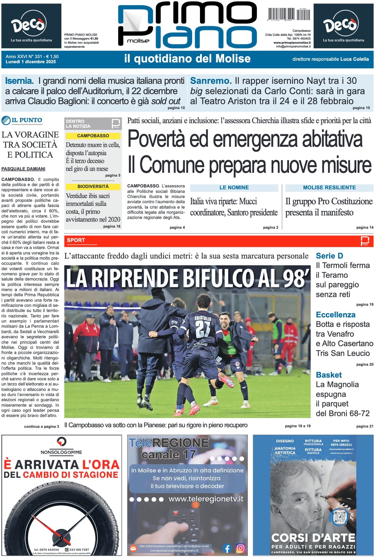 Prima Pagina Primo Piano Molise 01/12/2025