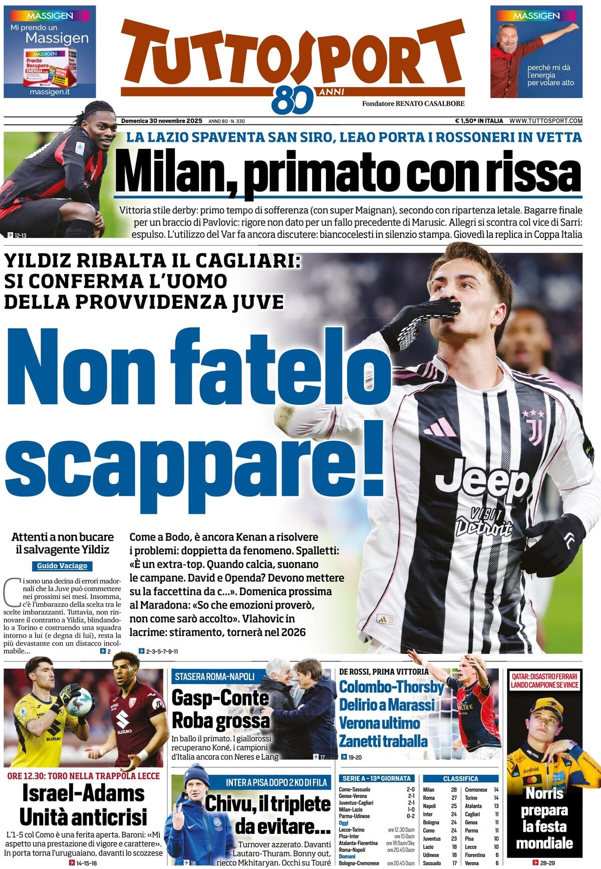 Prima Pagina Tuttosport 30/11/2025