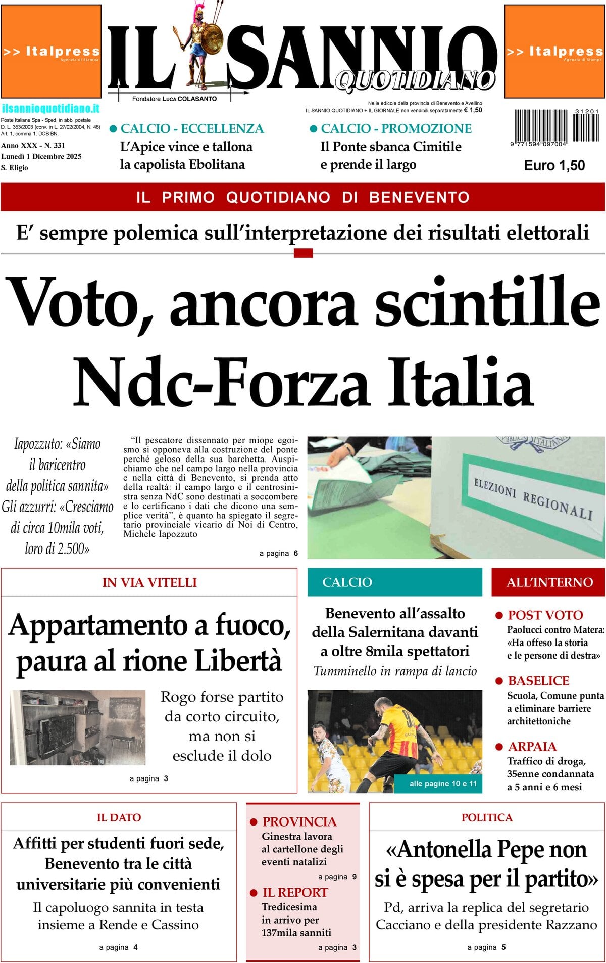 Prima Pagina Il Sannio Quotidiano 01/12/2025