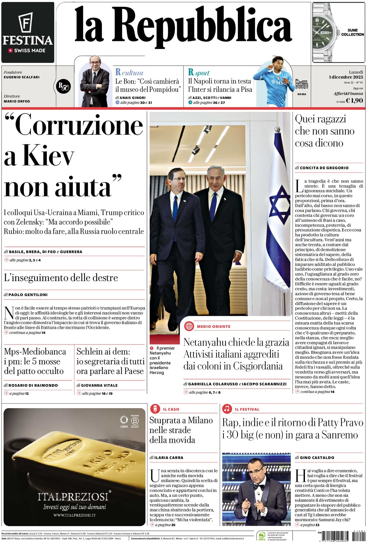 Prima Pagina La Repubblica 01/12/2025