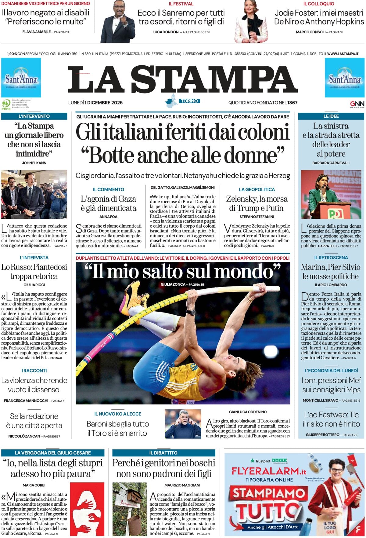 Prima Pagina La Stampa 01/12/2025