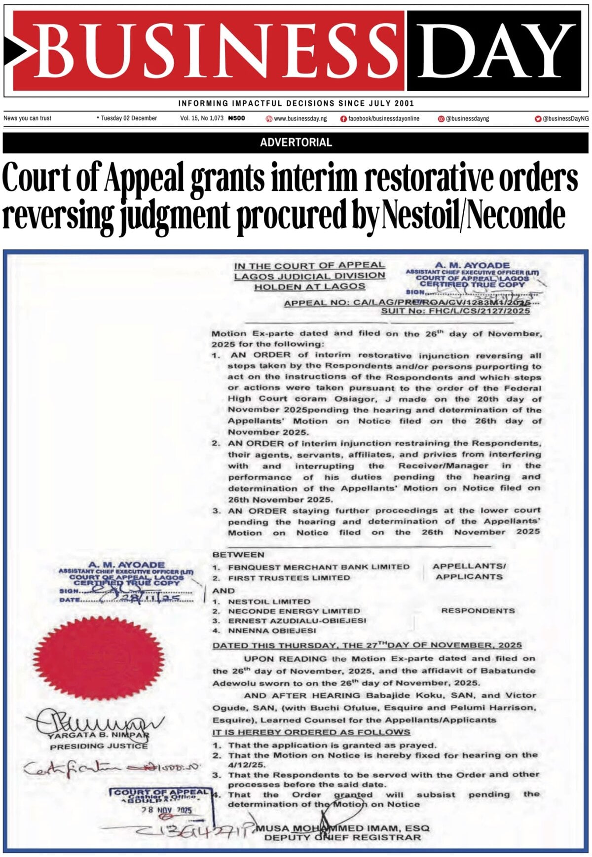 Prima Pagina BusinessDay 02/12/2025