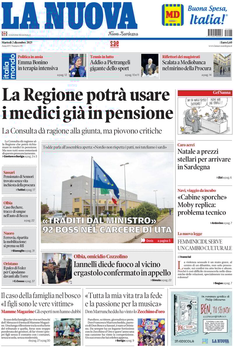 Prima Pagina La Nuova Sardegna 02/12/2025