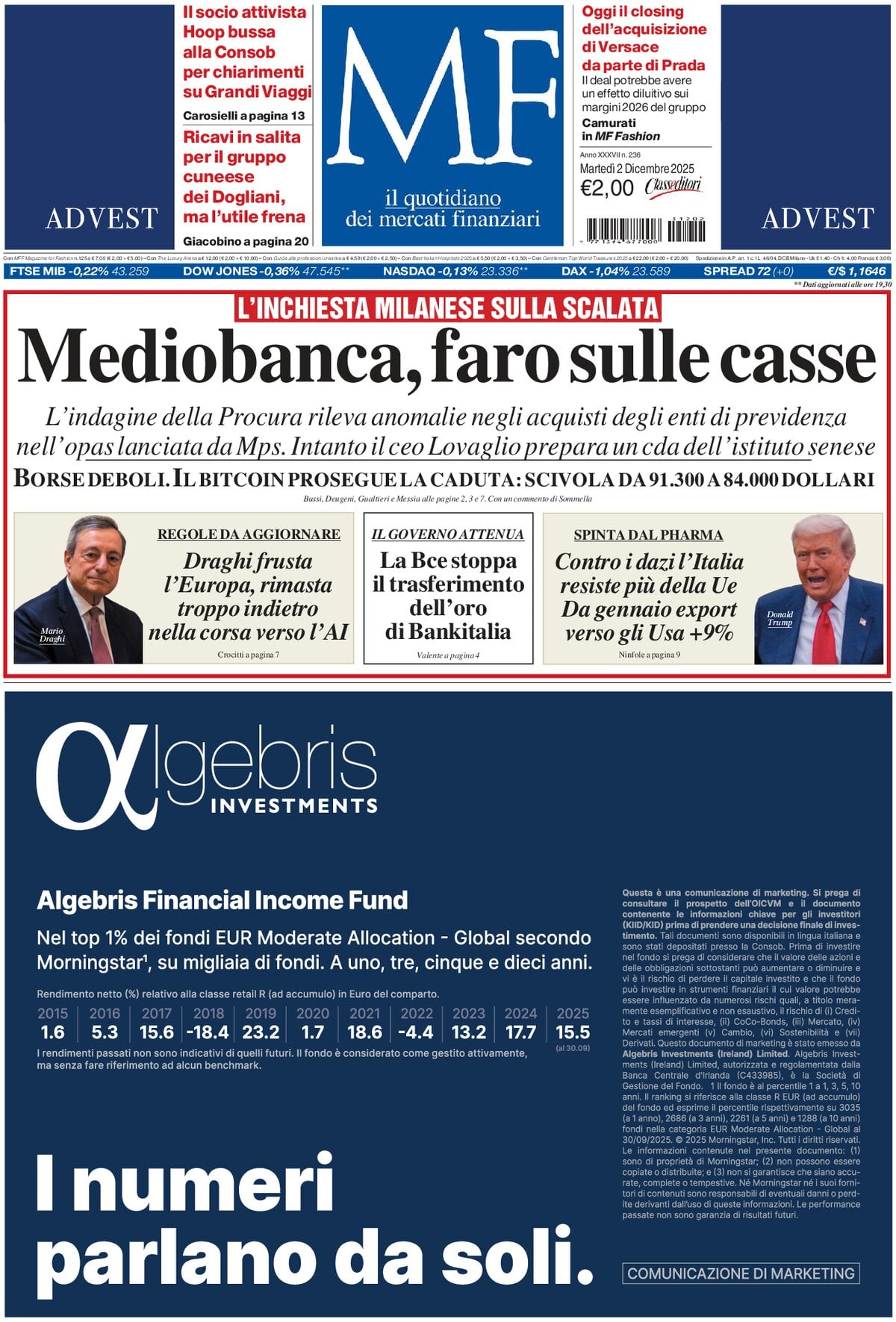 Prima Pagina MF Milano Finanza 02/12/2025