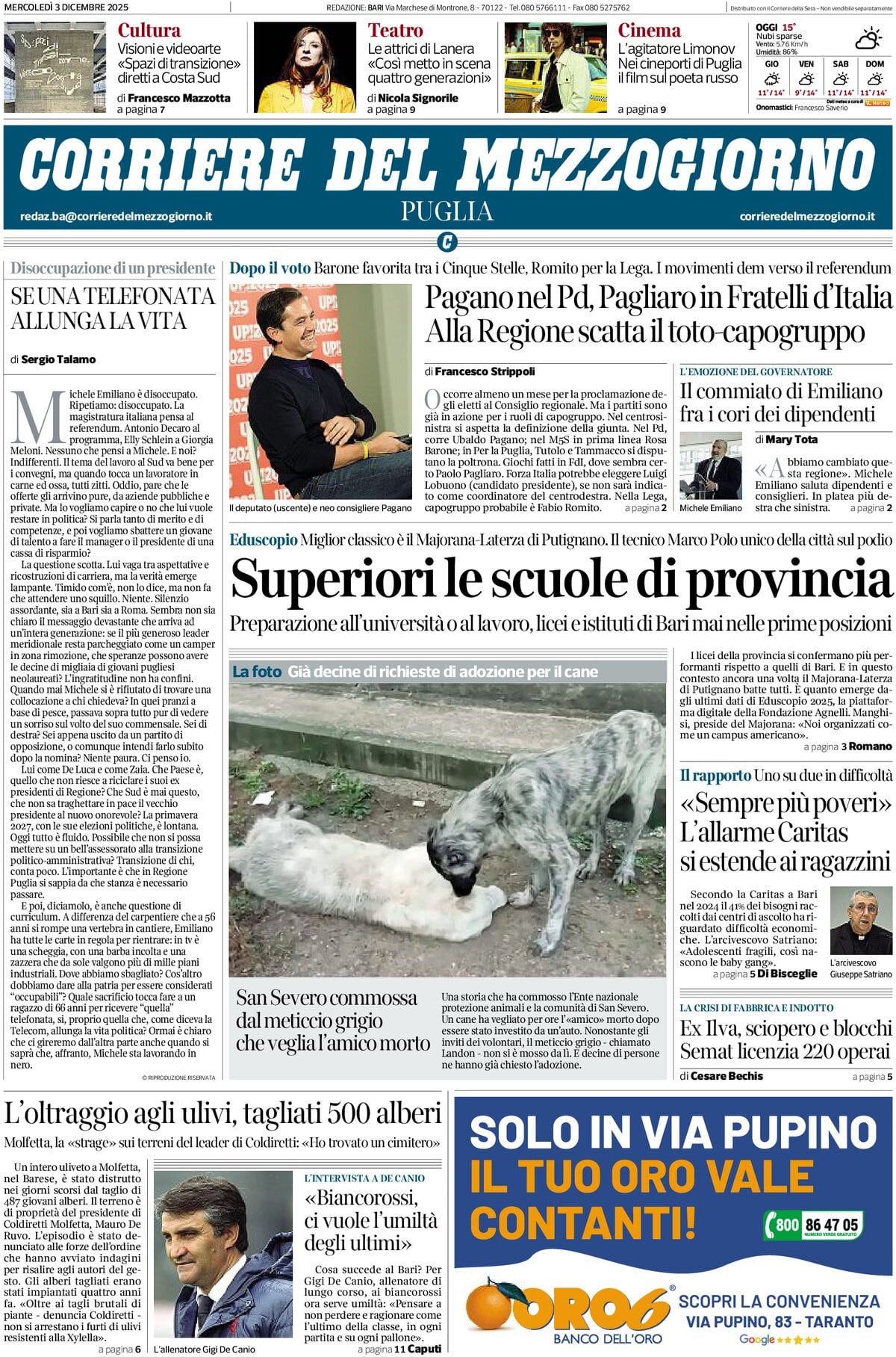 Prima Pagina Corriere del Mezzogiorno (Puglia) 03/12/2025