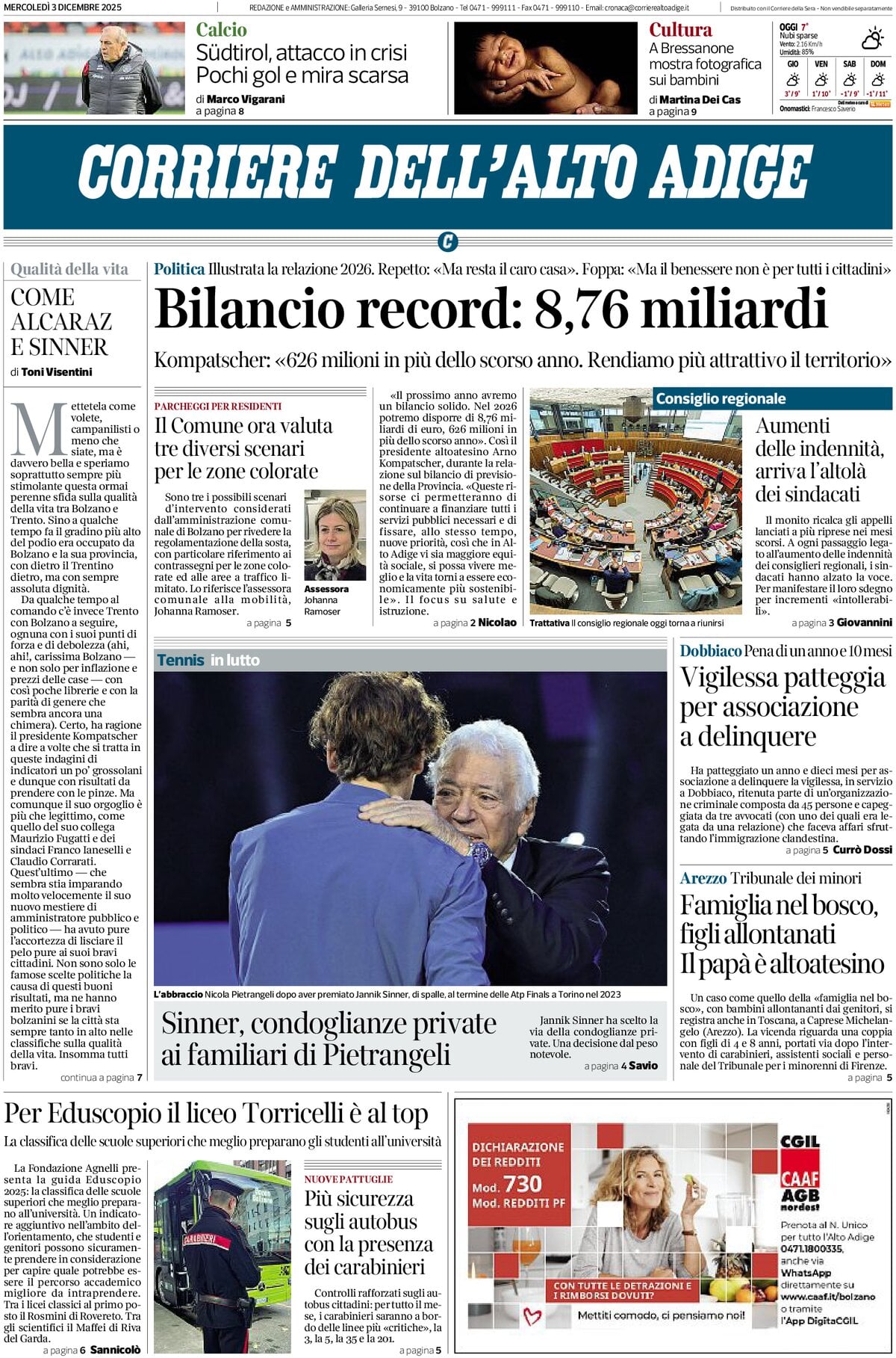 Prima Pagina Corriere dell'Alto Adige 03/12/2025