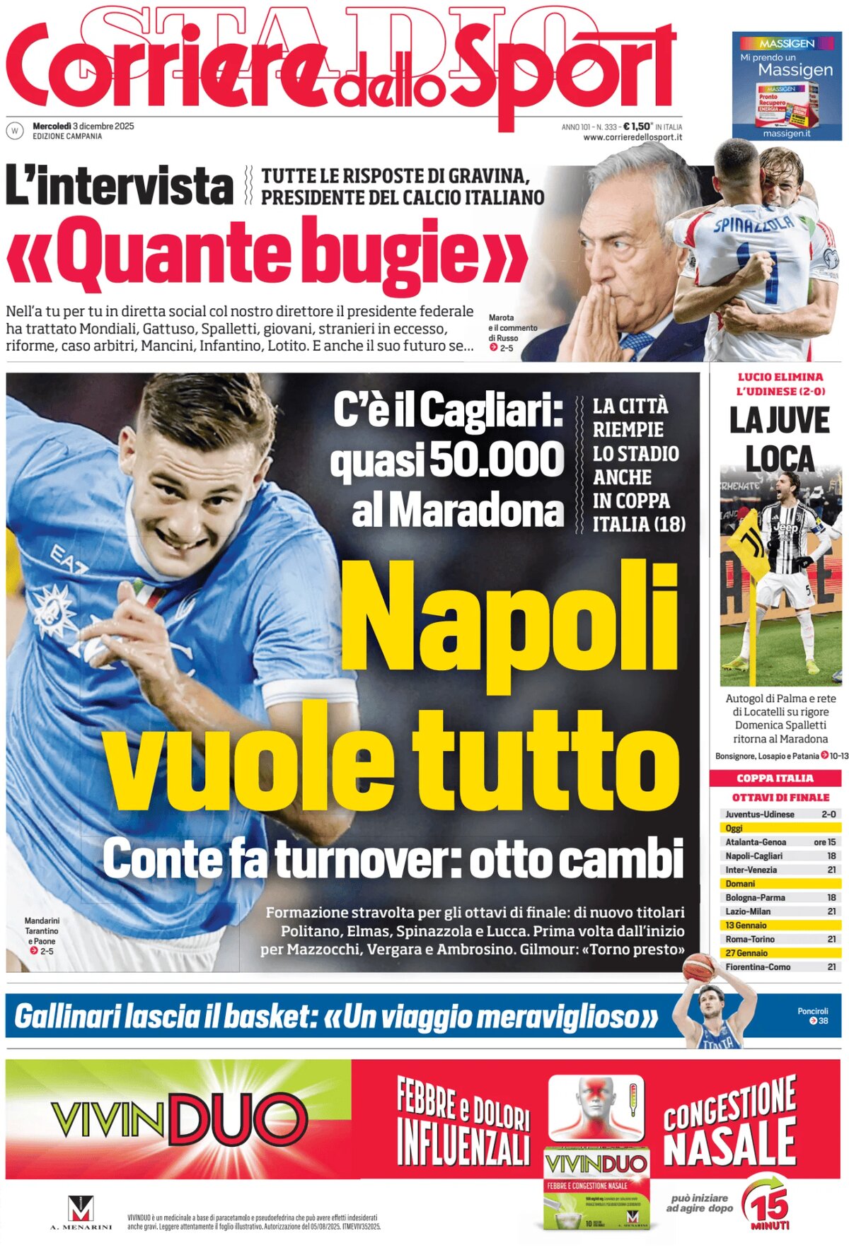 Prima Pagina Corriere dello Sport (Campania) 03/12/2025