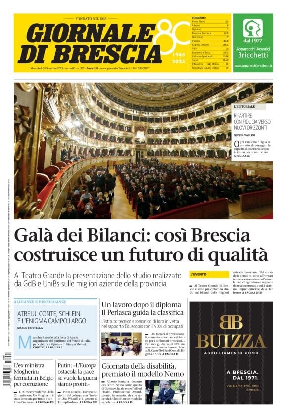 Prima Pagina Giornale di Brescia 03/12/2025