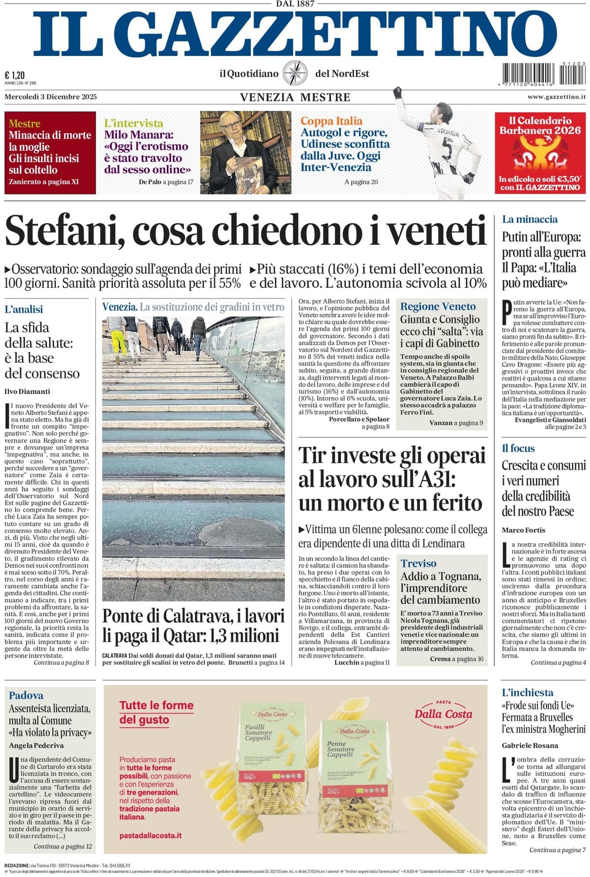 Prima Pagina Il Gazzettino 03/12/2025