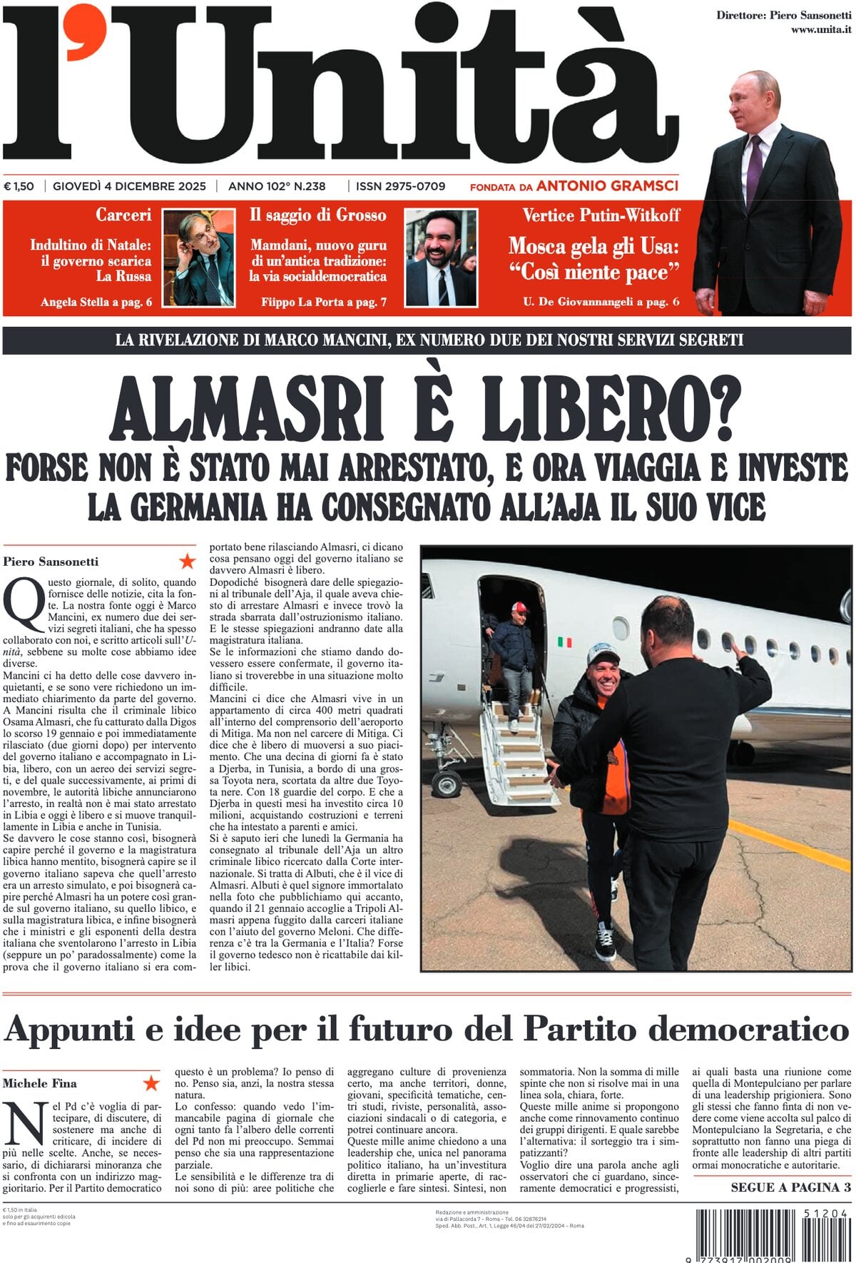 Prima Pagina L'Unità 04/12/2025
