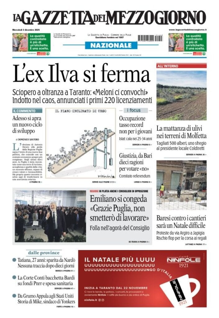 Prima Pagina La Gazzetta del Mezzogiorno (Bari) 03/12/2025