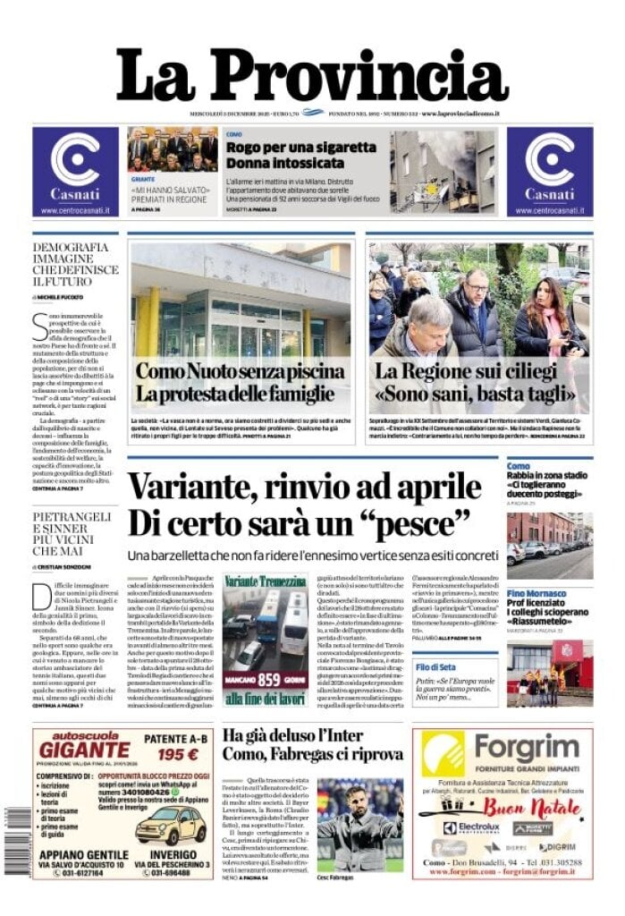 Prima Pagina La Provincia di Como 03/12/2025