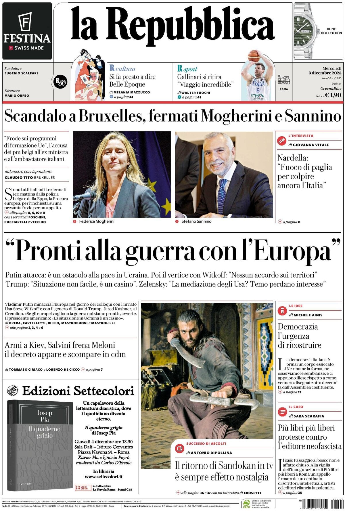 Prima Pagina La Repubblica 03/12/2025