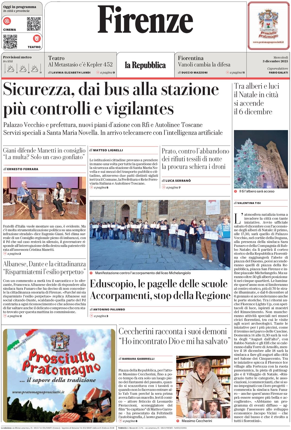 Prima Pagina La Repubblica (Firenze) 03/12/2025