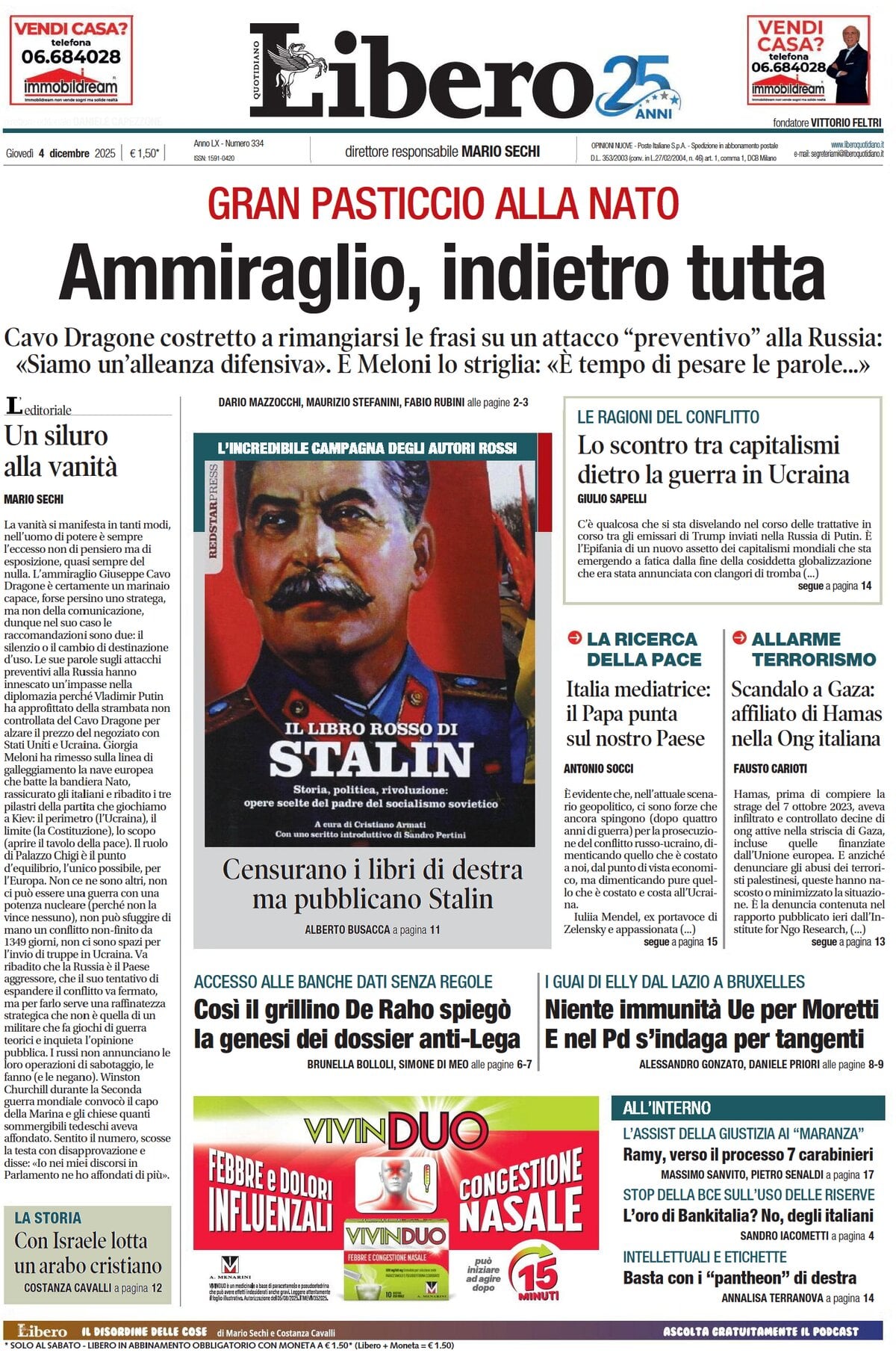 Prima Pagina Libero Quotidiano 04/12/2025