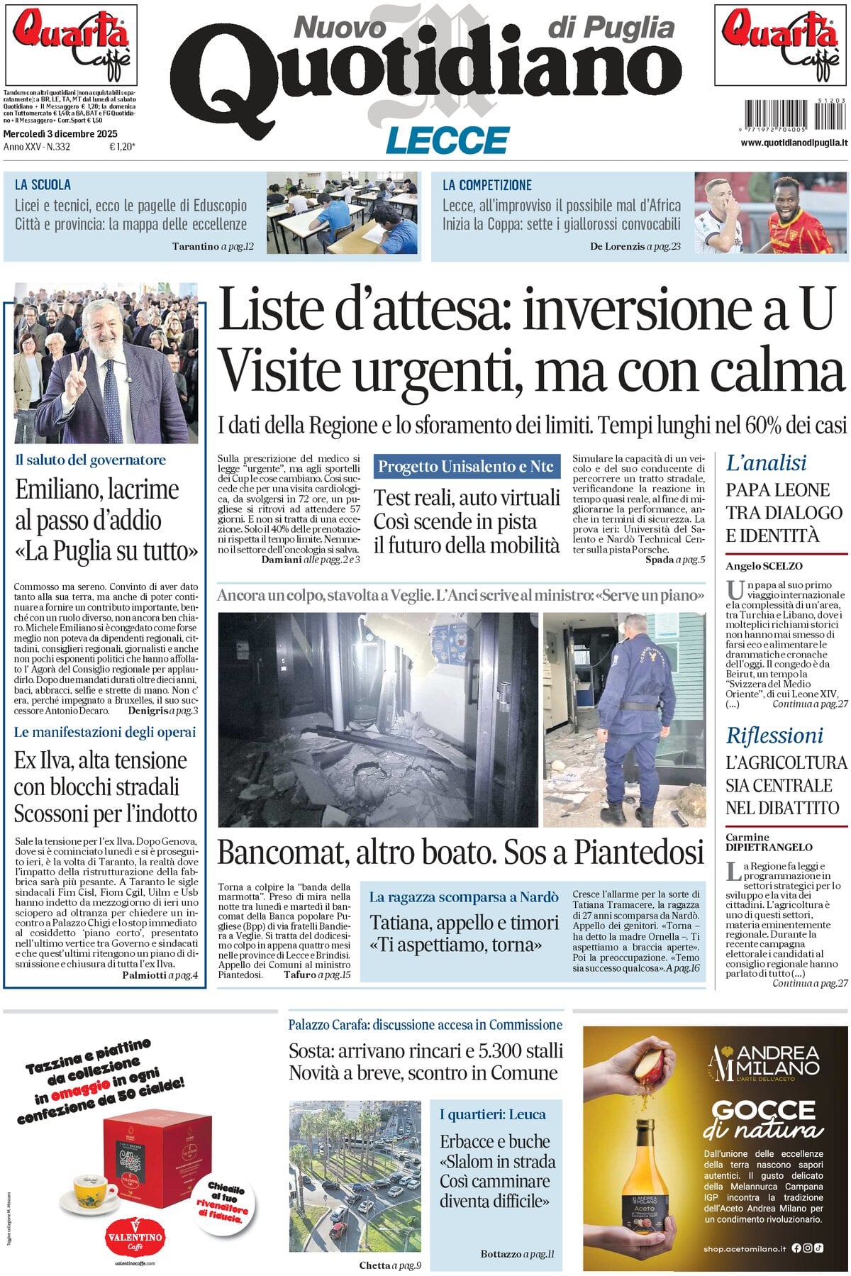 Prima Pagina Nuovo Quotidiano di Puglia (Lecce) 03/12/2025