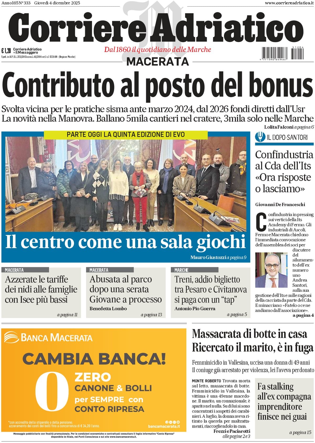 Prima Pagina Corriere Adriatico (Macerata) 04/12/2025