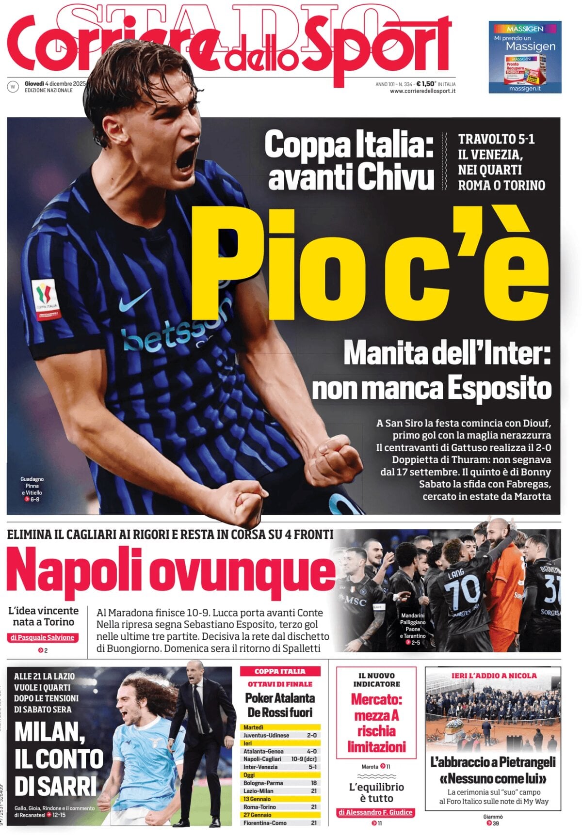 Prima Pagina Corriere dello Sport (Lombardia) 04/12/2025