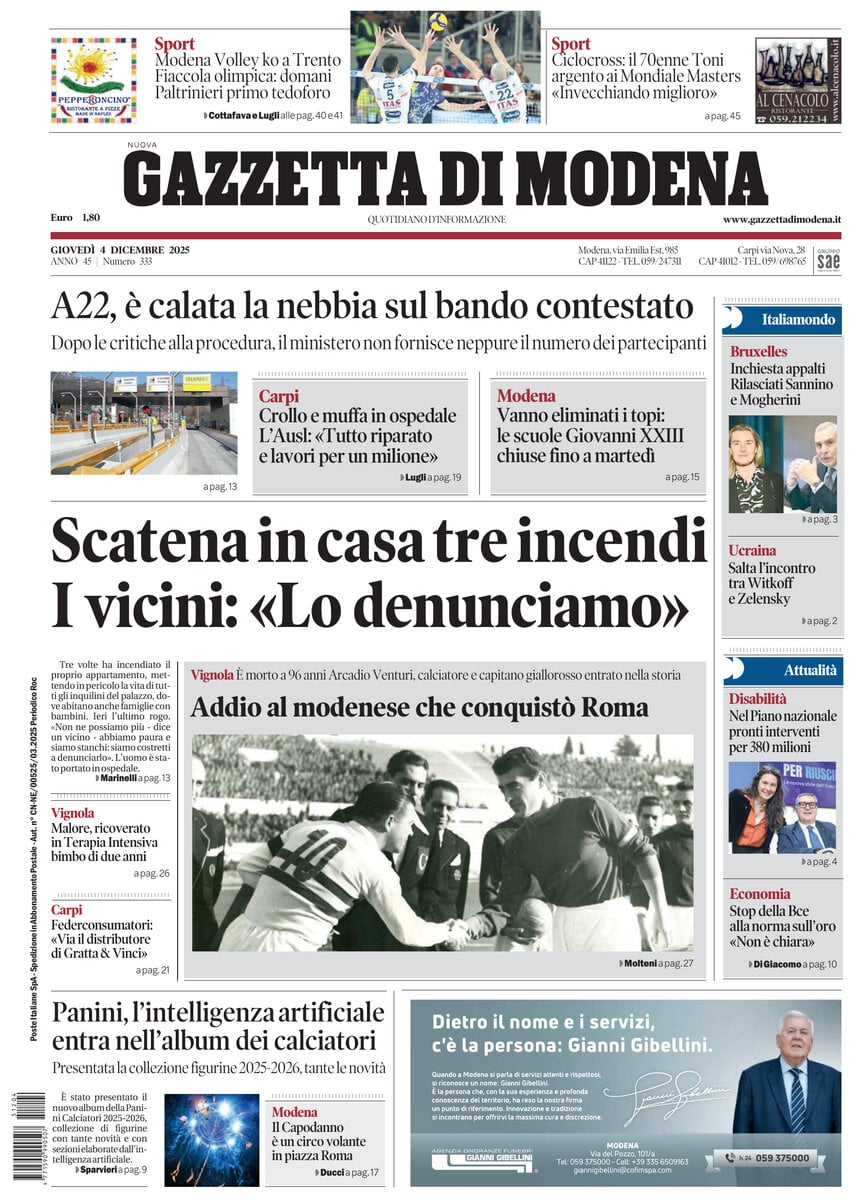 Prima Pagina Gazzetta di Modena 04/12/2025