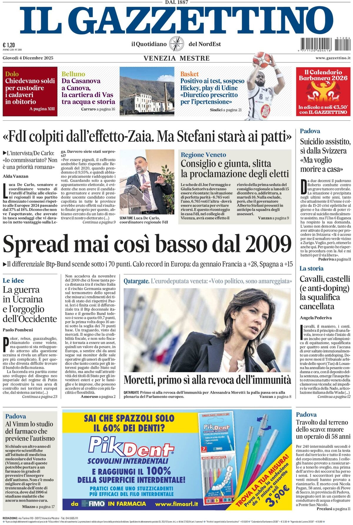 Prima Pagina Il Gazzettino 04/12/2025