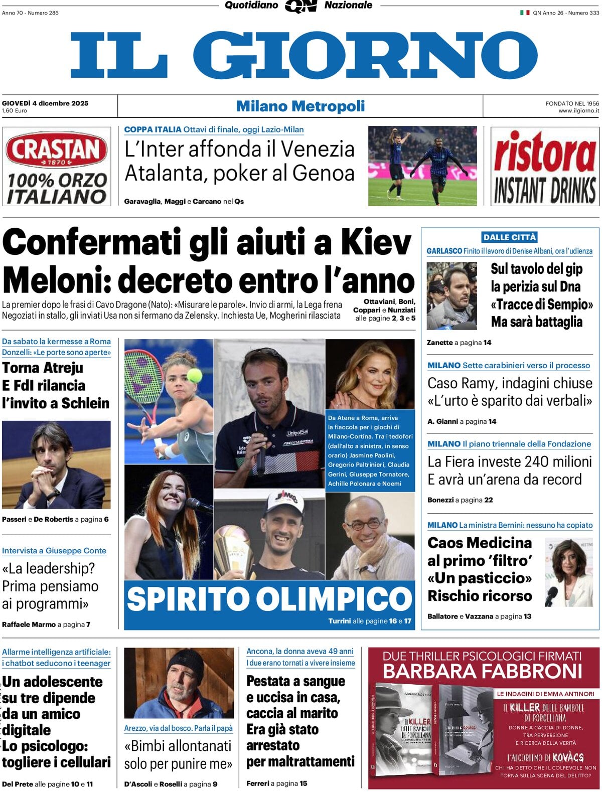 Prima Pagina Il Giorno (Milano Metropoli) 04/12/2025