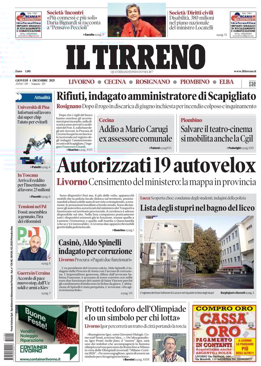Prima Pagina Il Tirreno (Livorno, Cecina, Rosignano, Piombino, Elba) 04/12/2025