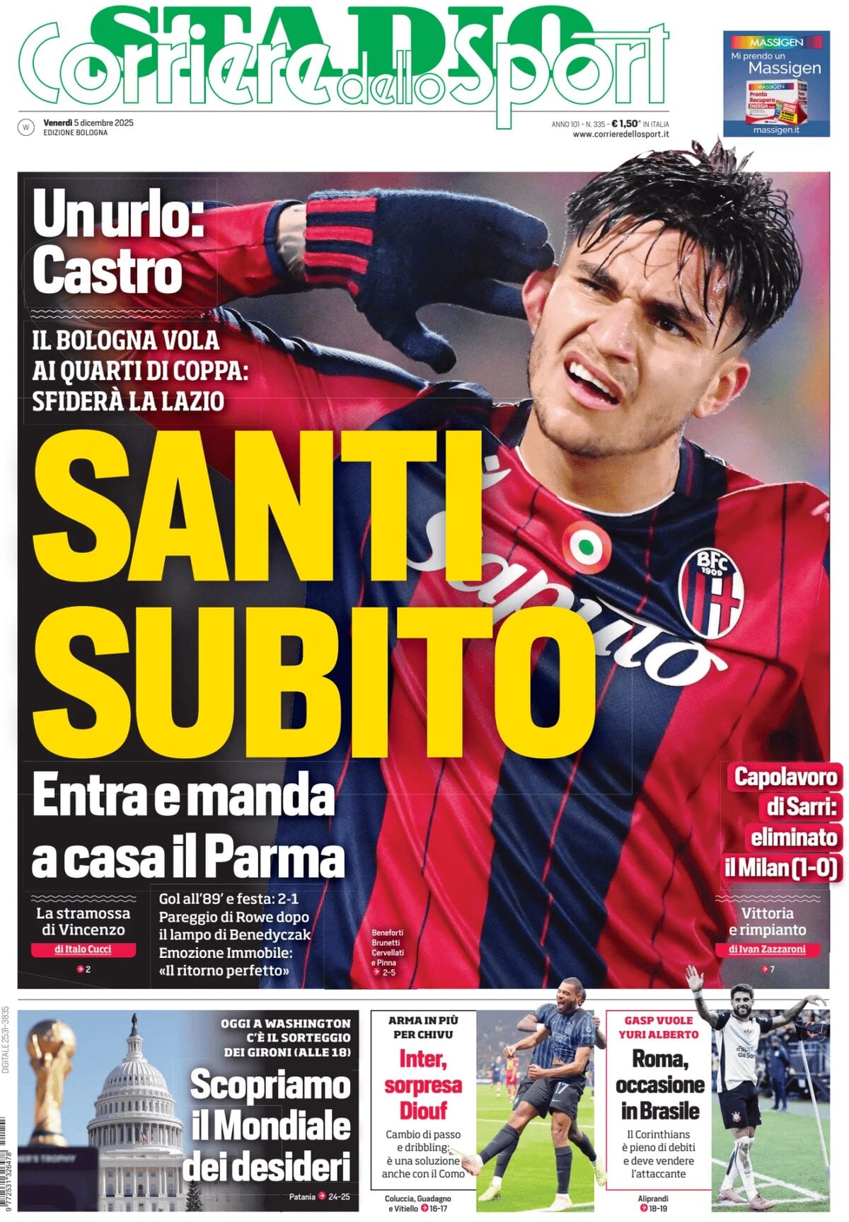 Prima Pagina Corriere dello Sport (Bologna) 05/12/2025