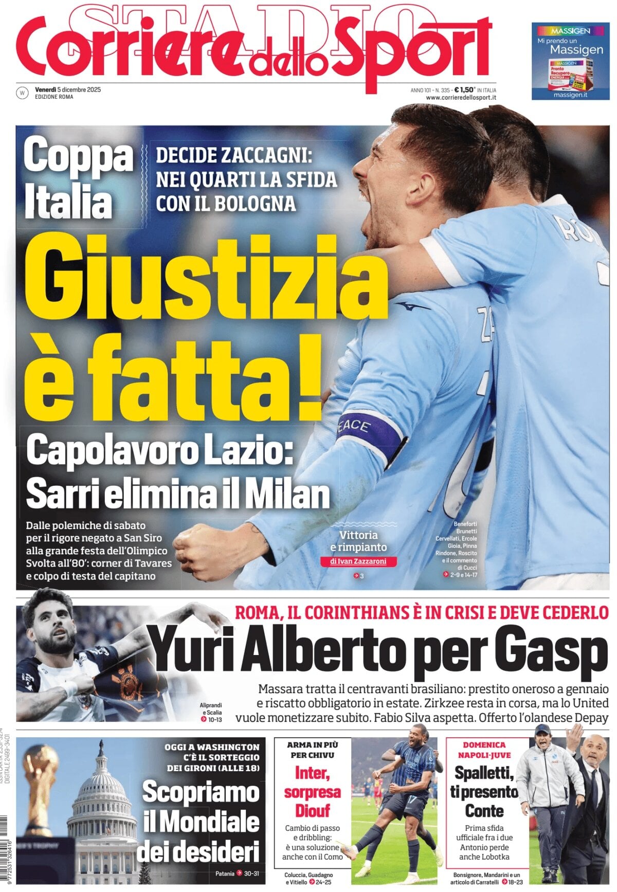 Prima Pagina Corriere dello Sport (Roma) 05/12/2025