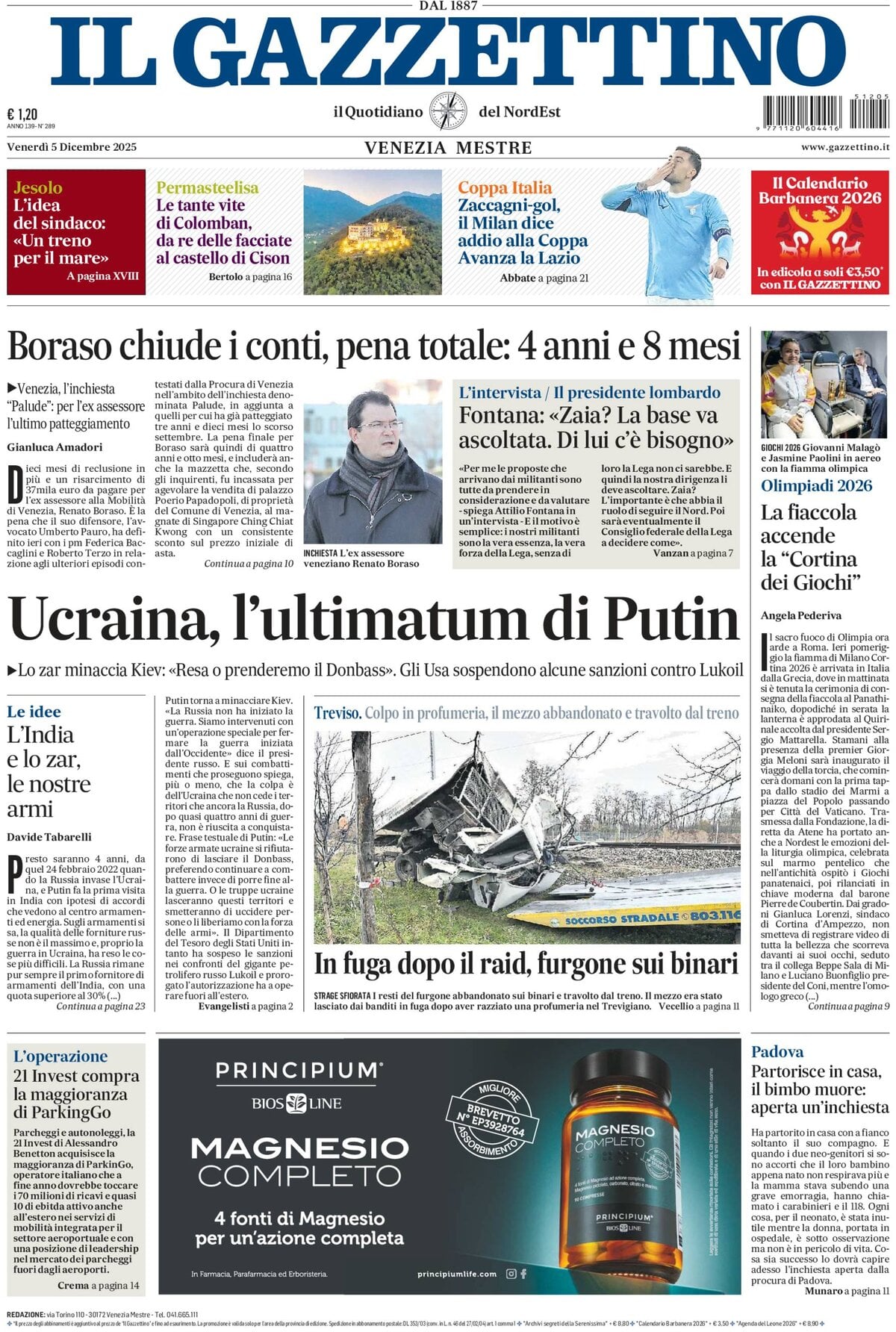 Prima Pagina Il Gazzettino 05/12/2025