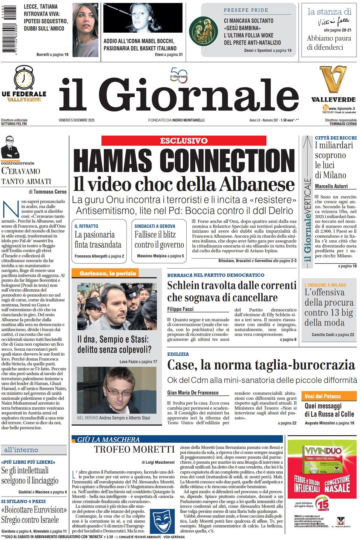 Prima Pagina Il Giornale 05/12/2025