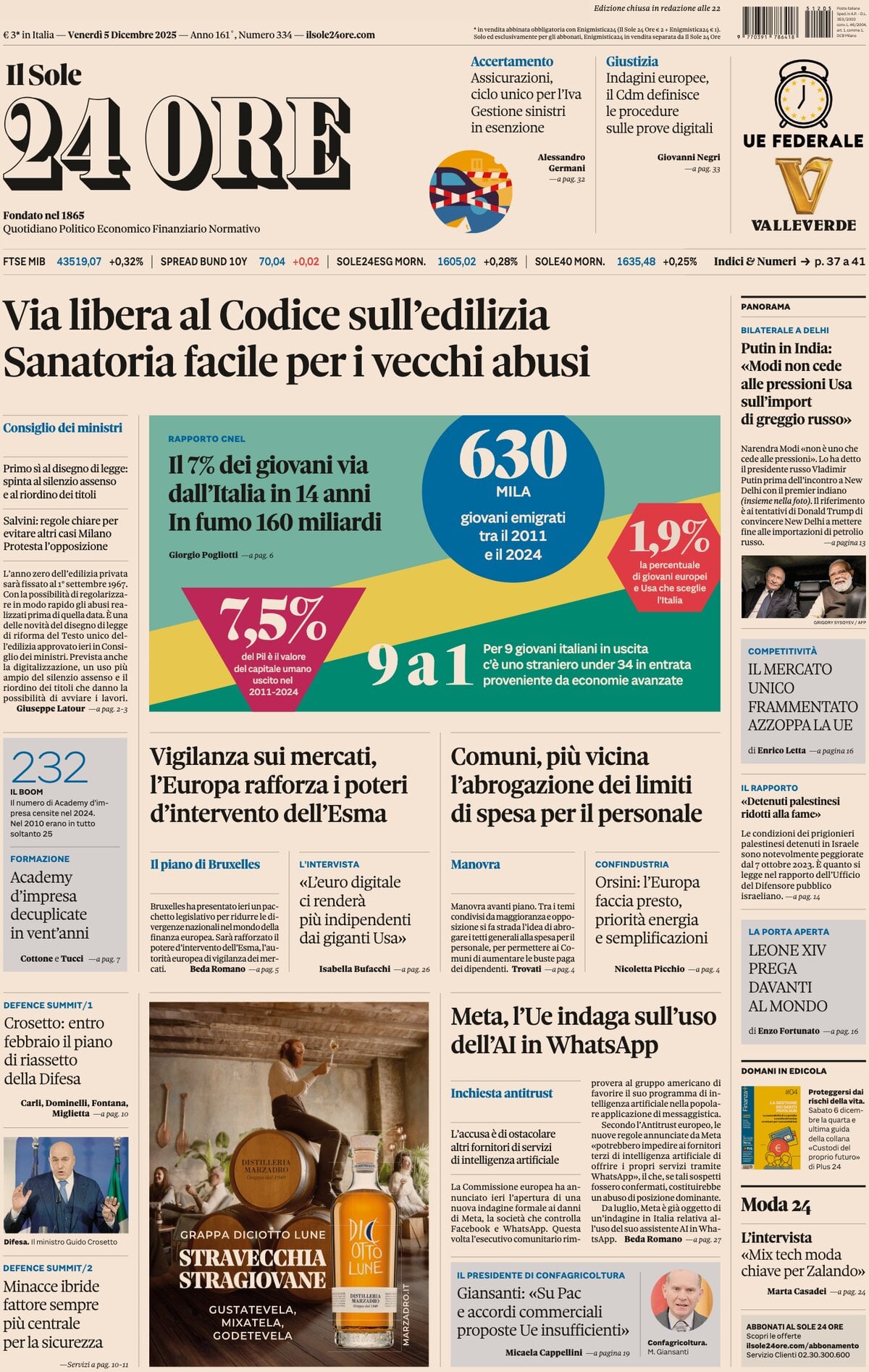Prima Pagina Il Sole 24 Ore 05/12/2025