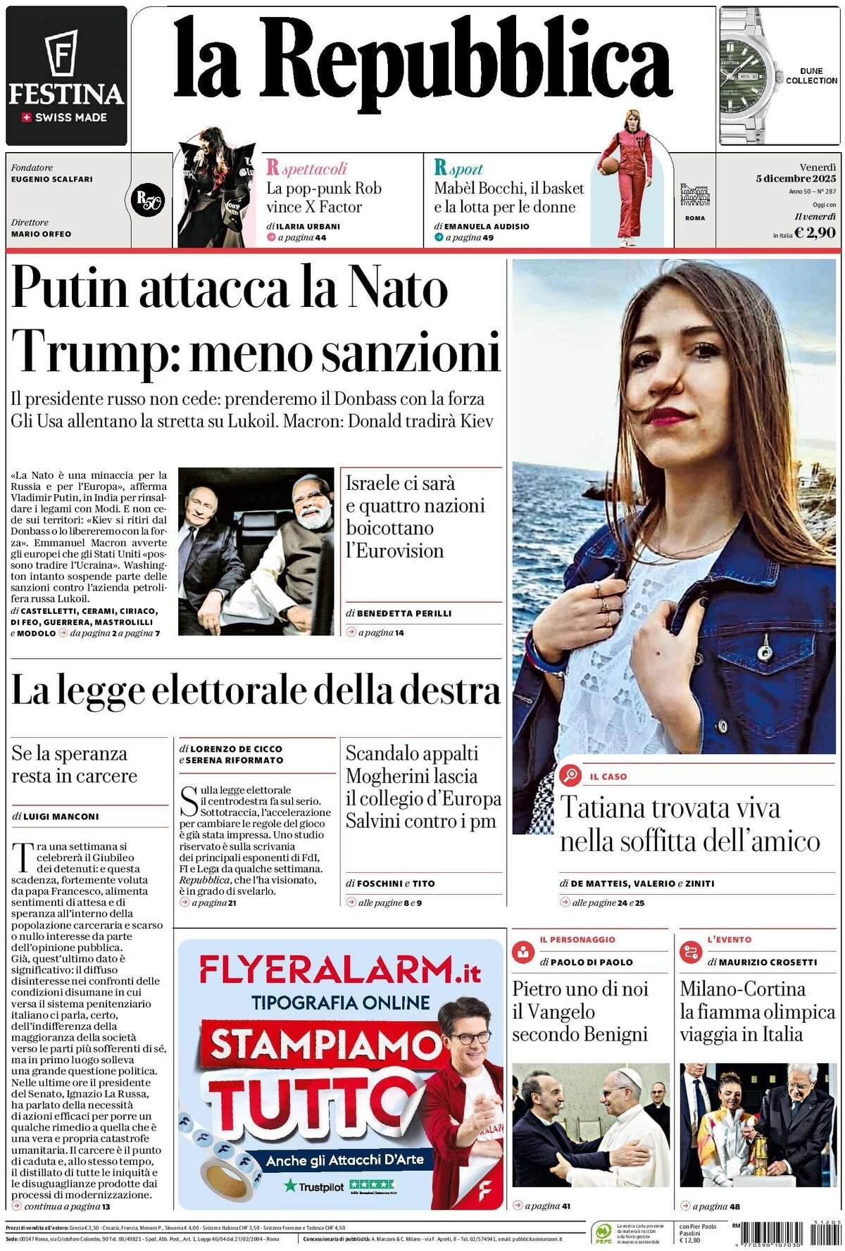 Prima Pagina La Repubblica 05/12/2025