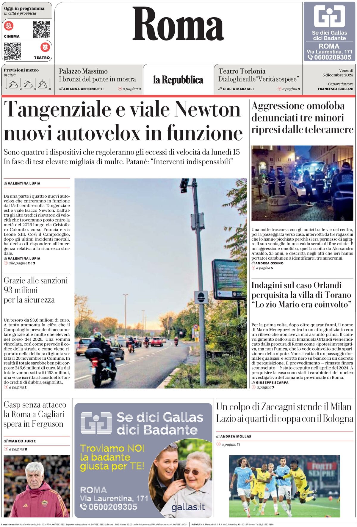 Prima Pagina La Repubblica (Roma) 05/12/2025