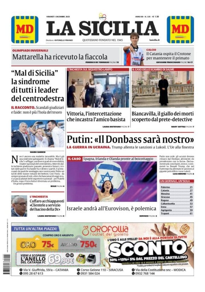 Prima Pagina La Sicilia 05/12/2025