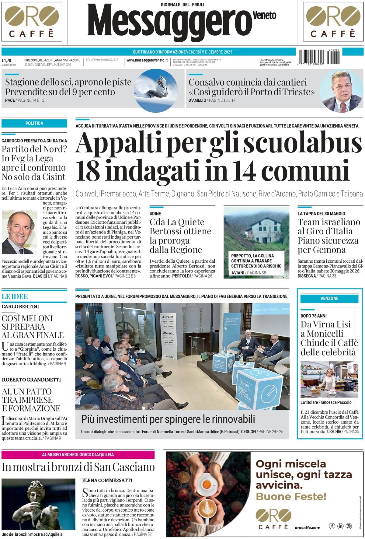 Prima Pagina Messaggero Veneto (Udine) 05/12/2025