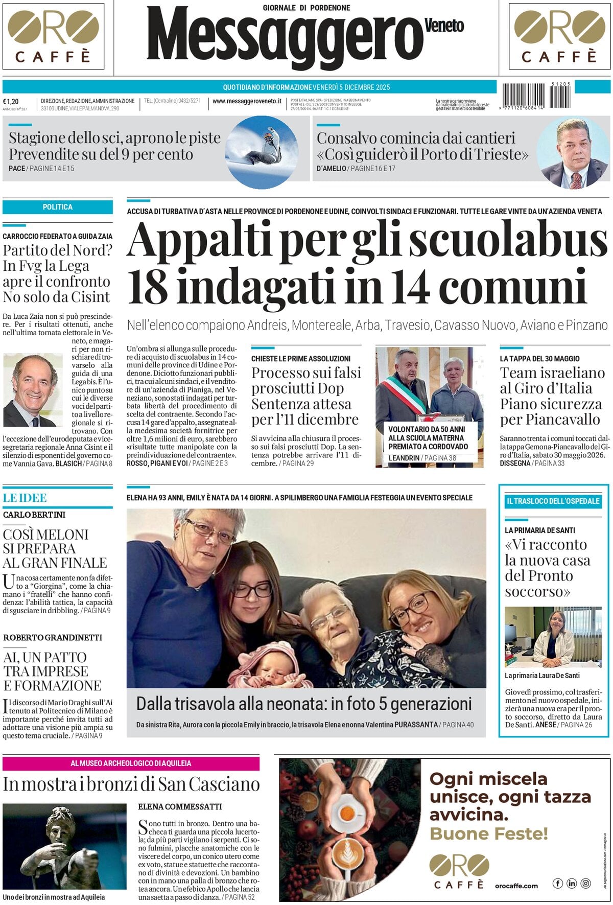 Prima Pagina Messaggero Veneto (Pordenone) 05/12/2025